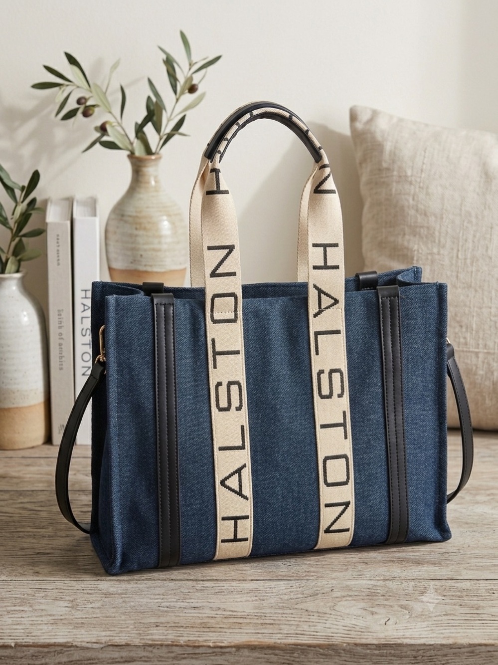 Halston Heritage Navy Canvas Tote with Cream Branded Straps